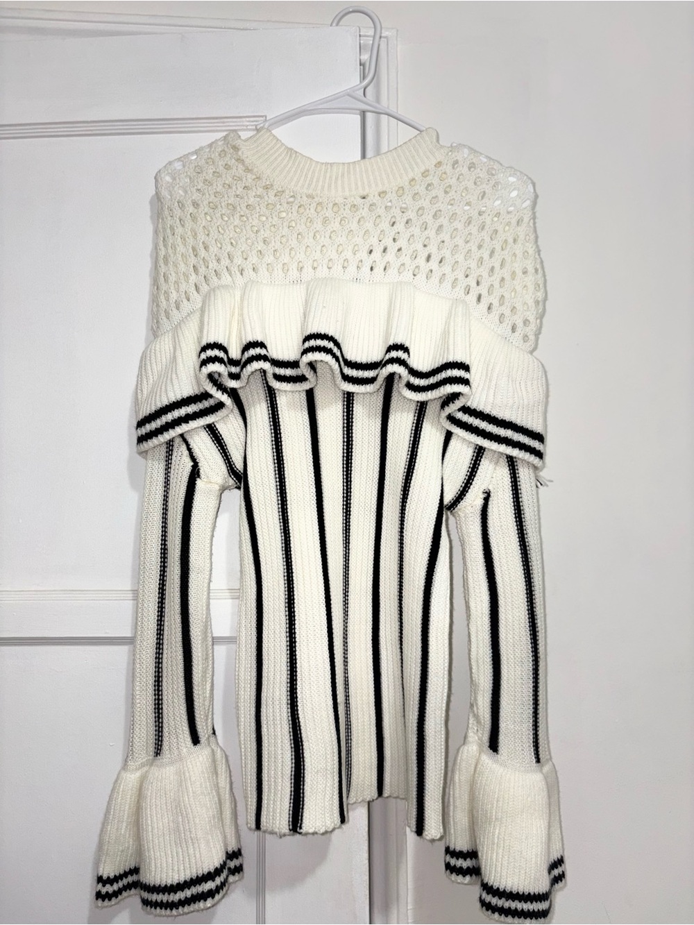 White and Black Striped Knit Sweater with Ruffled Yoke